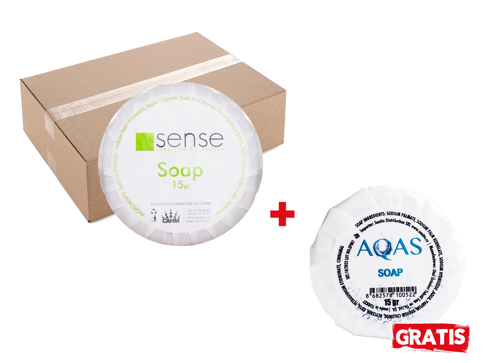 Pachet 1 bax (1000buc) Sapun 15 Gr White - Sense White si GRATUIT 50 buc Sapun cu glicerina - AQAS  15g